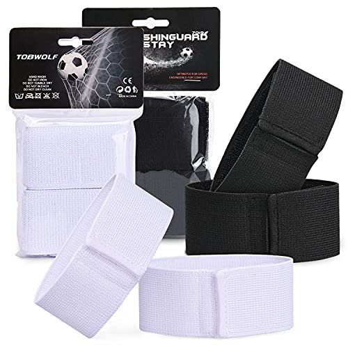 TOBWOLF 4 x Fußball-Schienbeinschoner, rutschfest, für Sport, Fußball, Legging, Schienbein, feste Riemen, schwarz und weiß, Knöchelschoner für Kicking, Ball, Laufen, Radfahren