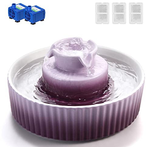 Ceramic Cat Water Fountain, 2.1L/71oz Cupcake Cat Fountain for Dog and Cat Indoor, 2 Ultra Quiet Pumps(Purple)