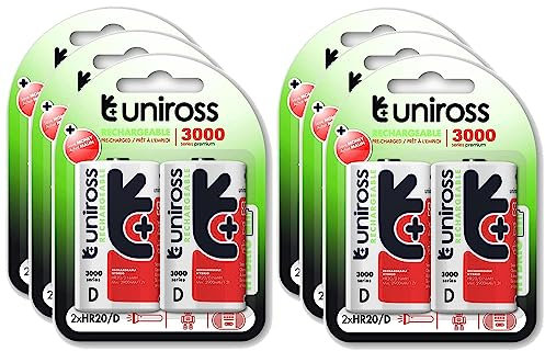 Uniross - Pack de 6 pilas recargables (1,2 V, D/HR20, 3000, NIMH, 2 unidades)