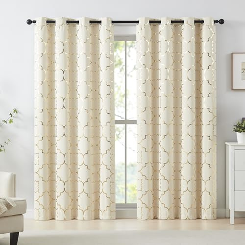 Purainbow Foil Gold Blackout Window Curtains for Bedroom Living Room 95inch Long Modern Metallic Print Thermal Insulated Drapes Privacy Protection Window Treatment Sets Grommet Top, 2 Panels, Beige