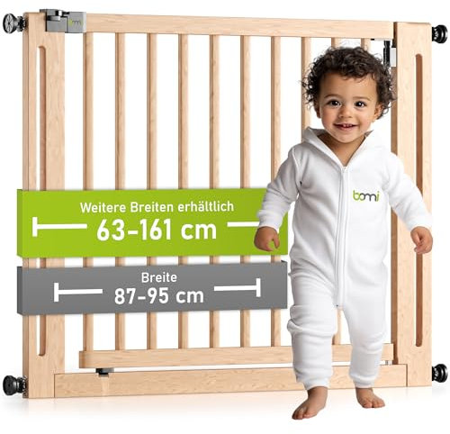 BOMI Baby Schutzgitter Treppe Miko PEFC geprüftes Buchenholz | Ohne Bohren | Gittertür aus Holz schwarz | Stabile Baby Schutzgitter Tür für Kindersicherheit | Treppen Türgitter | Breite: 87-95 cm