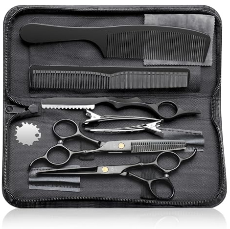 PURPLEBIRD Set di Forbici da Parrucchiere Professionali, Forbici da Parrucchiere con Forbici da Taglio in Acciaio Inox e Forbici per Rifinire i Capelli per Barbieri/Principianti 10 Pezzi Nero