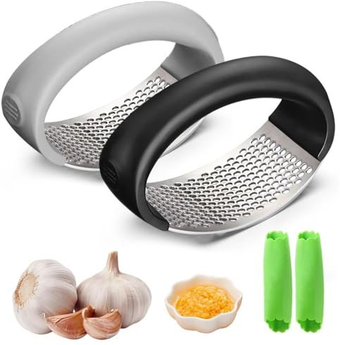 Stainless Steel Garlic Press, 2024 Newest Garlic Crusher, Cooking Utensil Garlic Slicer Garlic Press Rocker for Chopped Vegetables Uses (Black+Gray)