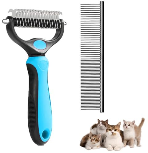 2Pcs Dog Brush and Dematting Comb - Metal Undercoat Rake for Pet Grooming, Removing Knots and Mats on Long-Haired Cats and Dogs