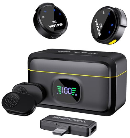 WAVLINK Microfono Inalambrico de Solapa para Phone 15/16 Android USB-C de Entrada, 328ft Rango, Clip en la Solapa de Sistema de Microfono, Grabación de Vídeo (2 * TX + 1 * RX)