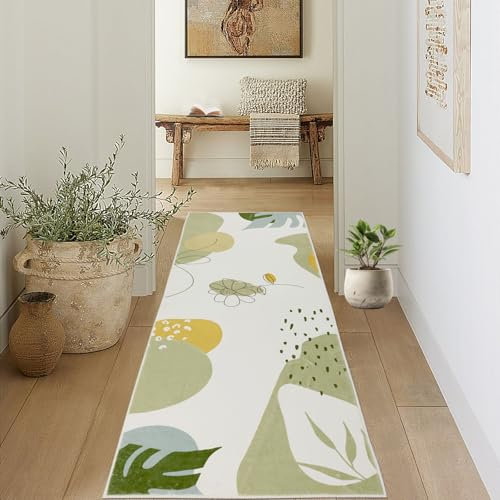 Grün Teppich Läufer Flur Rutschfest 60x180cm, Modern Teppichläufer Innen Kurzflor Weich, Boho Waschbare Läufer Küchenteppich, Teppiche Vorzimmer Eingangsbereich Schlafzimmer Küche Korridor Wohnzimmer
