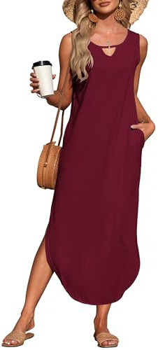 AUSELILY Summer Maxi Dresses for Women UK Sleeveless Halter Loose Beach Ladies Split Dresses with Pockets Wine Red M