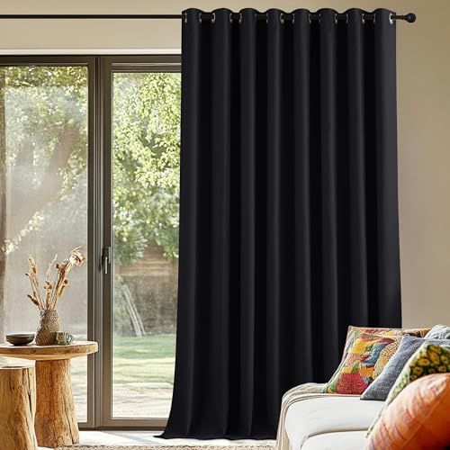 PONY DANCE Rideau Noir - Rideaux Occultant Grande Largeur Décoration de Fenêtre Isolation Thermique pour Maison Chambre Salon à Oeillets, 300cm Largeur sur 240 Hauteur, Noir, 1 PC