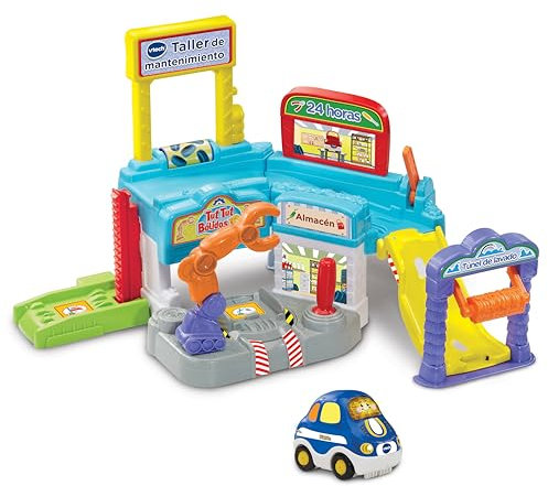 VTech - Taller de Mantenimiento TutTut Bólidos, Circuito y Playset Interactivo de Juguete, Incluye un Coche, Ascensor, Rampas, Túnel de Lavado, Regalo niños +1 año, Versión ESP
