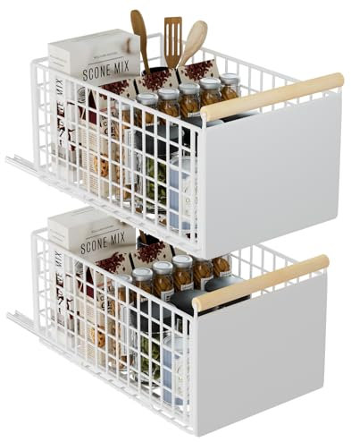 Teleskopschublade, Ausziehbare Schublade für Küchenschränke, Slide Out Cabinet Organizer mit Griff & Kleber, Schubladen Aufbewahrungsregal für Küche Pantry, Kein Bohren (L: 23.5x39.5x19.5 cm, 2 Stück)