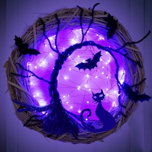 Mecctuck Halloweenkransar för ytterdörr, häxkrans Ø 30 cm med LED-lampor i violett, fladdermus och svart katt, väggdekoration