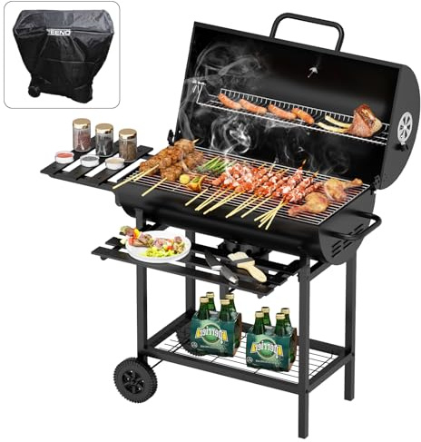 TEENO Grande Barbecue a carbone di legna XXL,Termometro,Cassetto per cenere,Guanti anti-scottatura, Svento regolabile,Grande Barbecue a carbone (Con coperchio in tessuto)