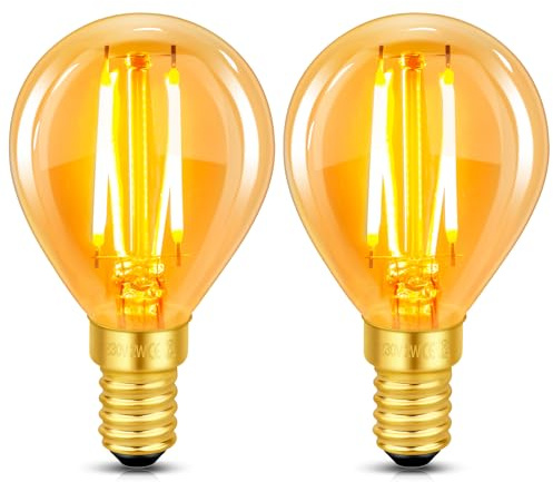 Bombilla Edison Vintage E14 G45 LED Filamento 2W (Equivalente a 20W), Ambar Luz Blanco Cálido 2200K, 200LM, AC 220V-240V, No Regulable, Decoración Iluminación para Hogar, Cafés, Bares, 2 Piezas
