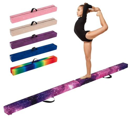 COSTWAY Trave Ginnastica Artistica per Casa 210/240/270 cm, Trave Pieghevole per Bambini con Maniglia, Base in Legno e Fondo Antiscivolo, Trave di Equilibrio da Pavimento (Viola e Rosa, 270 cm)