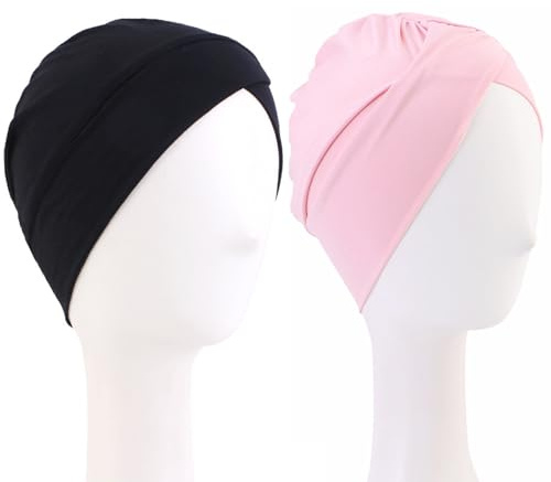2 Pcs Swim Caps for Women Anti-Slip Long Hair Swim Cap for Women Comfortable,Durable High Elastic Swimming Cap Men,Swimming Hijab Lightweight Bathing Caps for Water Sports(Black Pink)