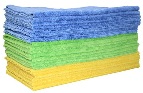 Polyte - Chiffons de Nettoyage en Microfibres - sans Bordure/découpe Ultrason - Bleu/Vert/Jaune (41 x 41 cm, 24 Chiffons, Premium)