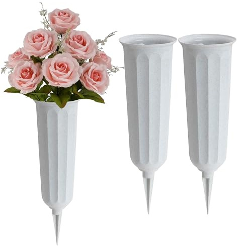 Black Duck Brand Set of White Cemetery Vases - 9.75x3 Including Stake - White to Blend with Memorial Stone (White, 2)