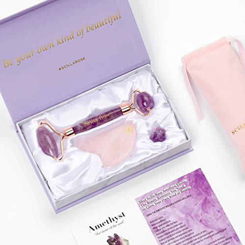 Jade Roller, Amethyst Roller and Rose Quartz Gua Sha Set - Guasha Stone Massager- Superior and Natural, Anti-Ageing Facial Massage Skincare Tools - Pamper Gifts for Women
