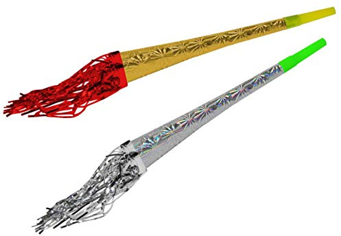 Lote de 48 Trompetas Largas Multicolores con Espumillón Metalizado. Artículos de Cotillones. Complementos para Fiestas y Eventos como Nochevieja, Bodas, Comuniones y Cumpleaños. DC