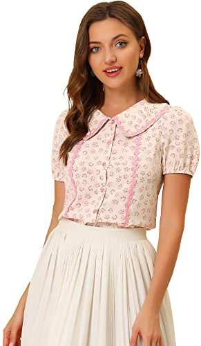 Allegra K Women's Floral Peter Pan Collar Blouse Top Pink 20
