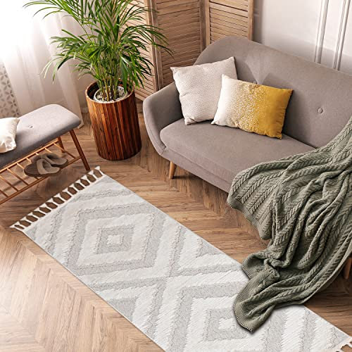 payé Teppich Läufer - 80x300cm - Creme - Raute - Hochtief Effekt - Fransen Deko Boho Flauschig - Cut & Loop Sisal - Schlafzimmer Flur Dekoration