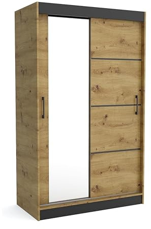 Brent - Kleiderschrank mit Spiegel 100cm Breit Windsor Tomy I Schlafzimmerschrank mit 2 Kleiderstanger und Einlegeböden für Kleidung I Kleiderschrank Artisan Eiche