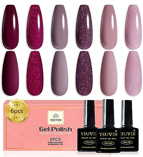 Yueshop Gel Nail Polish Set- 6 Colours Brown Burgundy Red Nude Pink Glitter Nude Purple Glitter Winter Gel Polish Soak Off UV Nail Polish for Women Daily DIY Use(8ml)