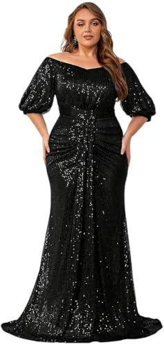 Giffniseti Women's Plus Size Off Shoulder Puff Sleeve Sequin Formal Maxi Dress Evening Party Gowns Black