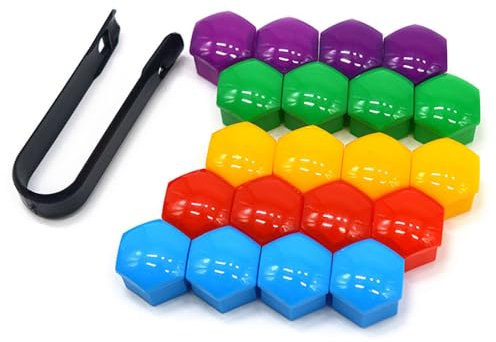 QitinDasen 20 Pezzi 17 mm Auto Ruote Copridado Set, Tappo Dado Bullone Ruota, Tappo a Vite Mozzo Ruote Auto Universale, Coperchio Dado Pneumatico Esagonali (Rosso Giallo Blu Verde Viola)