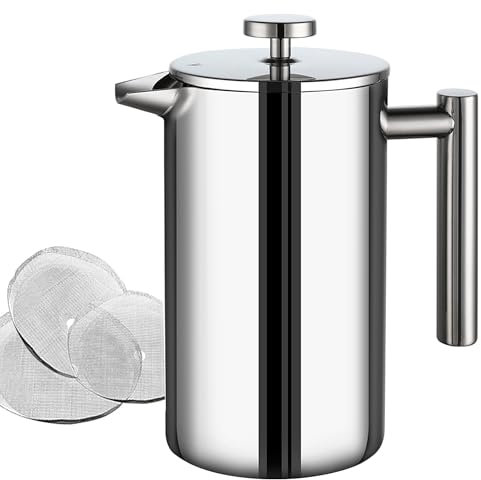 Wrobic Cafetière à piston française - 1500 ml - Grande cafetière isotherme à double paroi en acier inoxydable - Système de filtration à 3 niveaux - Pour la maison, le camping et le bureau - Argenté