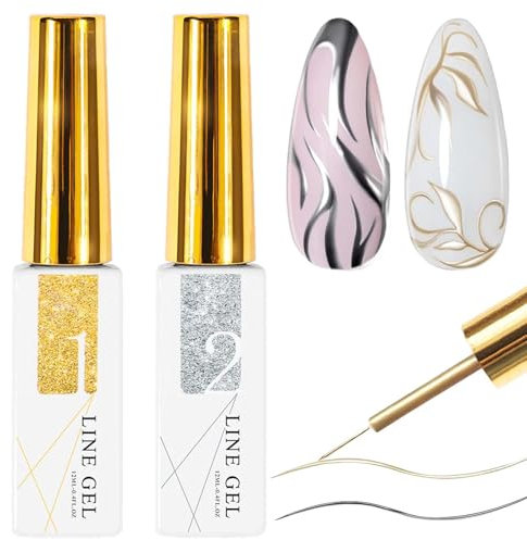 2PCS Nail Art - Metallic Liner Nail Gel Set - Gold & Silver Chrome Effect Polish for Nail Drawing & Painting - UV Gel for Long-lasting Color & Shine