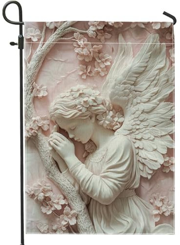 Bandiera da giardino con angelo in preghiera, bandiera da giardino con design floreale di pesca per la decorazione della casa primaverile, bandiera decorativa su entrambi i lati per la decorazione del