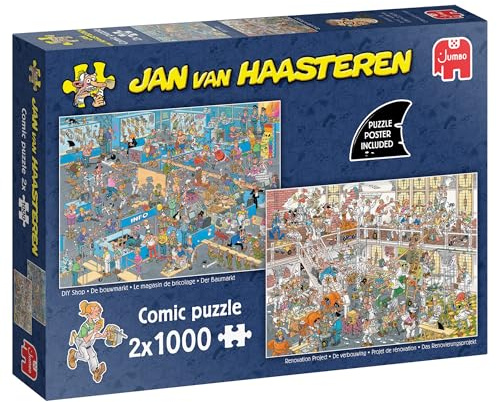 Jan Van Haasteren DIY Shop & Renovation Project - 2 x 1000 Piece Adults Puzzle - Set of 2 Large Jigsaw Puzzle for Adults - 100% Recycled Cardboard 1000Pc Comic Jigsaw & Poster - 68 x 49cm
