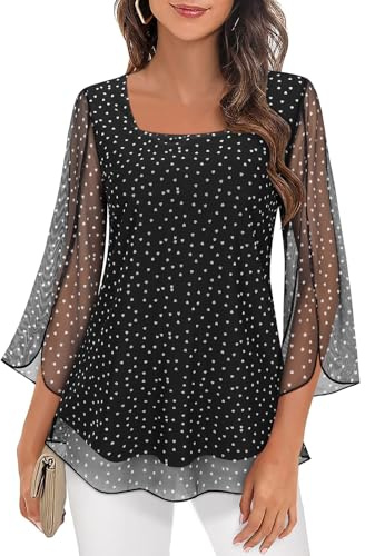 Syphiby Chemisiers pour femmes à manches 3/4 avec volants, hauts de tunique amples et fluides à col carré en mousseline de soie à double couche, chemises en maille M-3XL, Love Black, M