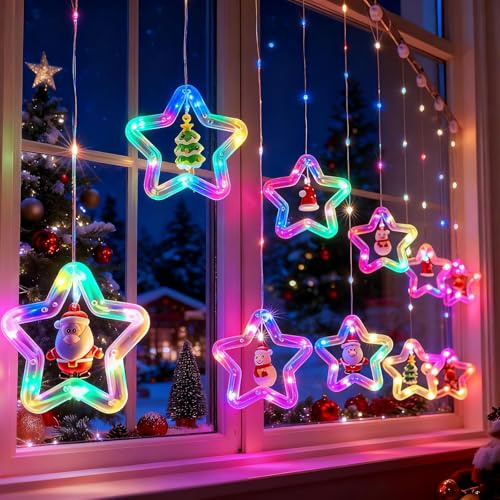 Fohil Rideau Lumineux Noël Led Étoile Guirlandes Lumineuse à USB Étanche 100LED 8 Modes Rideau Lumineux Interieur Décoration de Noël pour Interieur Exterieur Chambre Fenêtre Deco