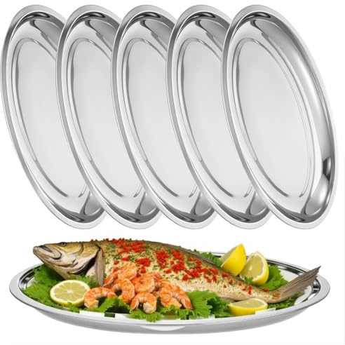 Meyeyaia 6 Pack Stainless Steel Oval Platter, Mirror Polish Large Sizzle Platter Metal Serving Tray Fish Plates, Heavy Duty Silver Tray for Steaming Fish Dessert Meat Sushi (13.7 x 8.5)