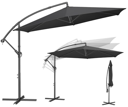 SONGMICS Sonnenschirm, Ampelschirm 350 cm d, mit Ständer, Sonnenschutz Balkon, Balkonschirm, UV-Schutz UPF 50+, mit Kurbel zum Öffnen und Schließen, Terrasse, Garten, grau GPU117GZ01