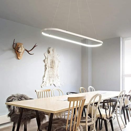 QTHWB Modernt pendent ovalt matbord, justerbar trådupphängning ledde dimbart hängsljus med fjärrkontroll, ringdesign ljuskrona för matsal, kökslampa bländning fritt (färg: vit, si