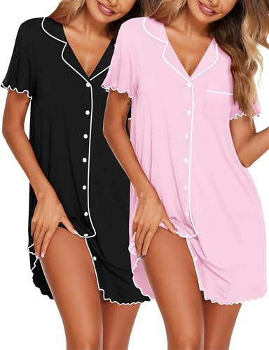 Ekouaer Camicia da Notte Donna Estiva in Due Pezzi Indumenti Maniche Corte Pigiama con Bottoni Confortevole Abito da Notte Aperta Davanti Scollo a V Nero/Rosa Scuro M
