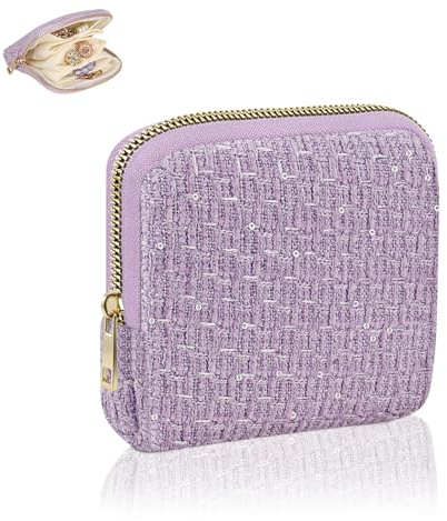 Pequeño Bolsa para Joyas Joyero Viaje para Mujers Niñas Cajitas Regalo Pequeñas Navidad Cumpleaños Aniversario Bolsita de Tela para Joyas con 5 Comparti Estuche Organizador Anillos Pulseras(Morado)