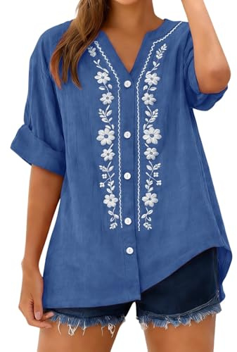 riou Camisas Mujer Verano Manga Corta Algodón y Lino Talla Grande Mode Cuello V Vintage Bordado Camiseta Basica Ligera Primavera Blusas y Camisas Original Fiesta Tops T-Shirt tee