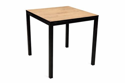 MIMBRE NATURAL Mesa de Jardín Exterior, Estructura Metálica Negra con Tablero Efecto Madera, 70x70x75 cm, para Terraza y Patio