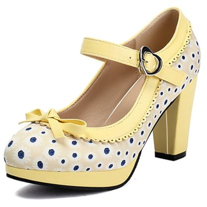 Scarpe Tradizionali con Tacco Scarpe da Ballo Grosse Scarpe da Sposa Scarpe da Ballo con Tacco a Blocco Ballerine Scarpe Eleganti con Tacco e Fibbia (Yellow, 36)