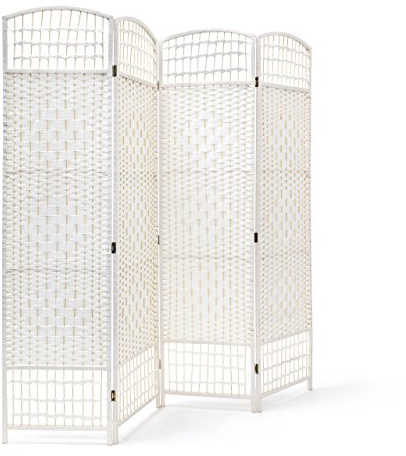 Relaxdays Paravent H x B x D: 179 x 180 x 2 cm vikbar rumsavdelare och spansk vägg med bambu som insynsskydd bestående av 4 element som en ogenomskinlig rumsavdelare av trä, vit
