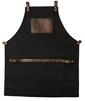 Black Apron in Canvas and Leather for Chef Work Bartender Barista Barber Shop Grill Master olpr. Made in USA