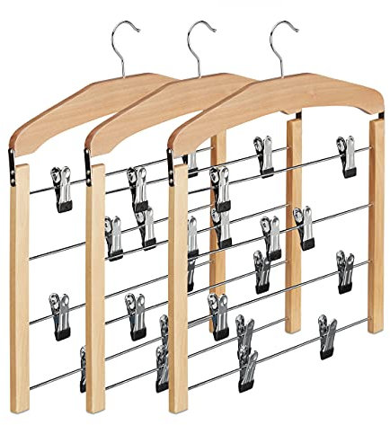 Relaxdays Grucce per Gonne con Pinze Salvaspazio, Set 3 Appendiabiti Multiplo Antiscivolo, 45,5x39x2,5 cm Marrone Chiaro