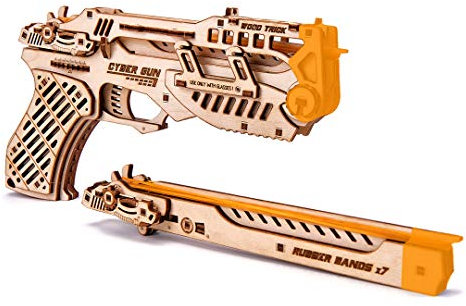 Wood Trick Cyber-Pistole 3D Holzpuzzle - Gummibandpistole - Schießt bis zu 6 m - Holzmodellbausatz für Erwachsene und Kinder zum Bauen - 14+