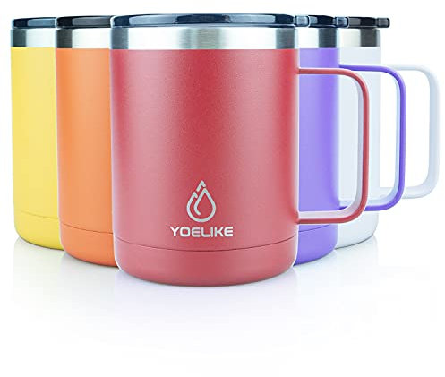 Yoelike 410ml/14oz Coffee Mug with Lid and Handle, Double Wall Vacuum Stainless Steel Insulated Coffee Travel Mug Cup for Men Women, Powder Coated, Dishwasher Safe, Leak Proof for Hot Cold Drinks Red