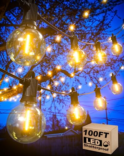 Zuske Outdoor String Lights Waterproof, 100FT LED Patio Lights with 53 Shatterproof G40 Globe Bulb(3 Spare), Connectable Dimmable Outside Hanging Lights for Backyard Porch Balcony Gazebo (2x50FT)