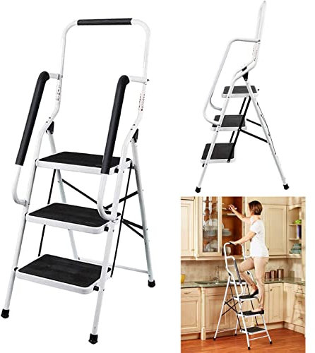 Escalera de mano con pasamanos y alfombrilla antideslizante, diseño plegable, resistente para el hogar, cocina, jardín, garaje, almacén, 3 peldaños, escalera plegable portátil